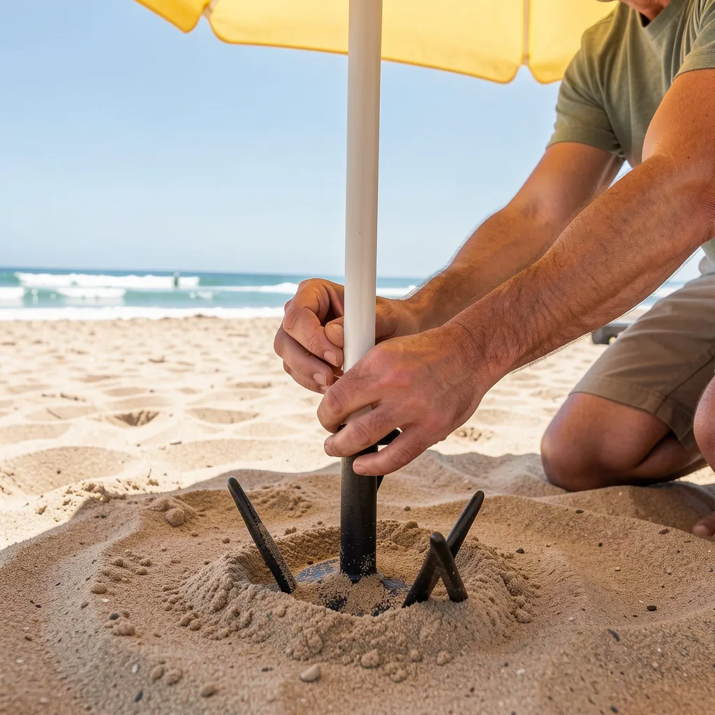 Different anchor types for umbrella and shade tent