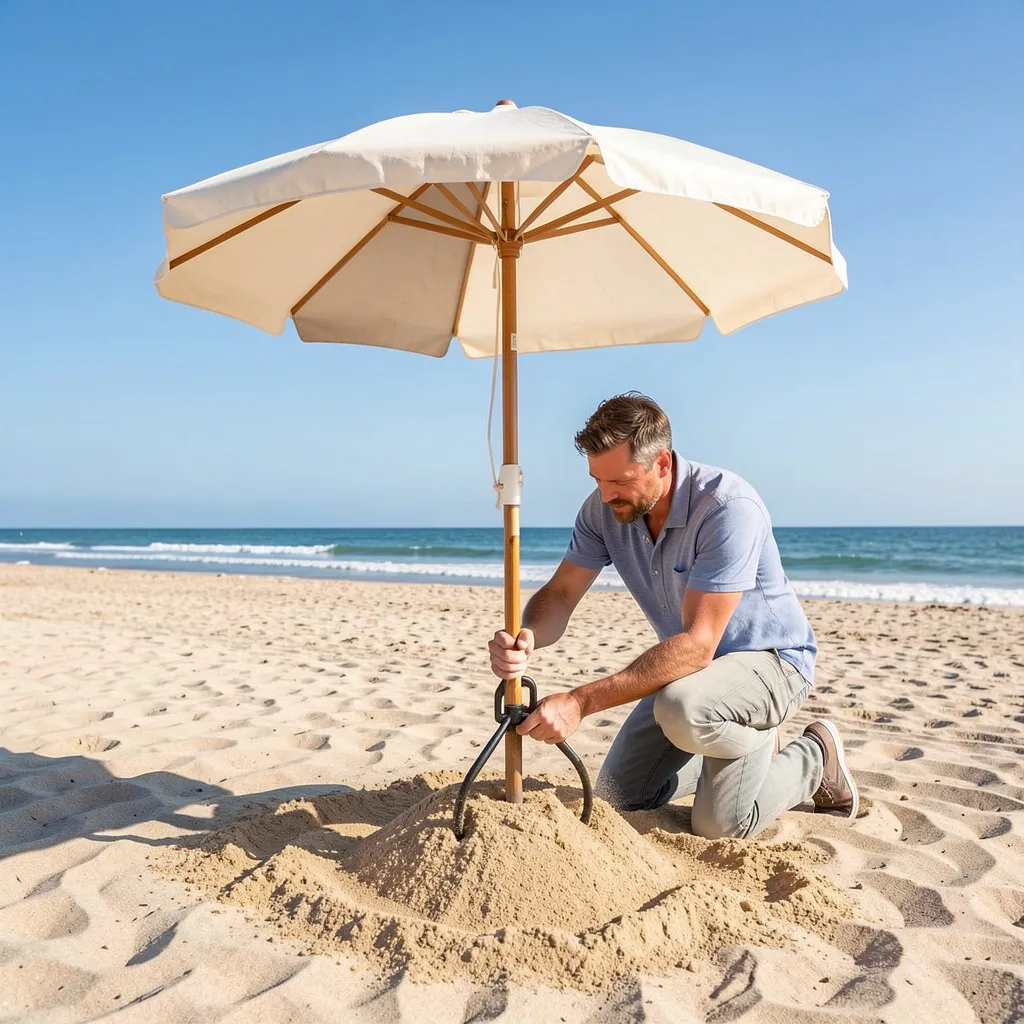 Beach shade and anchor setup by the coast